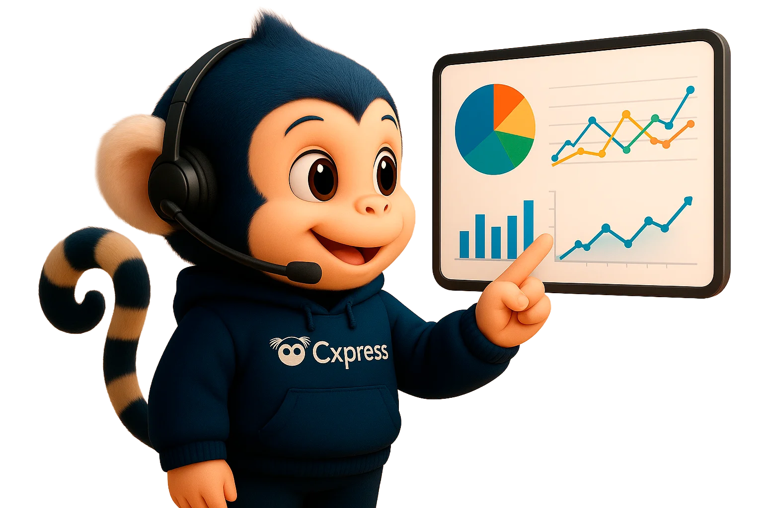 Samir, mascote da Cxpress, apontando para um dashboard de métricas